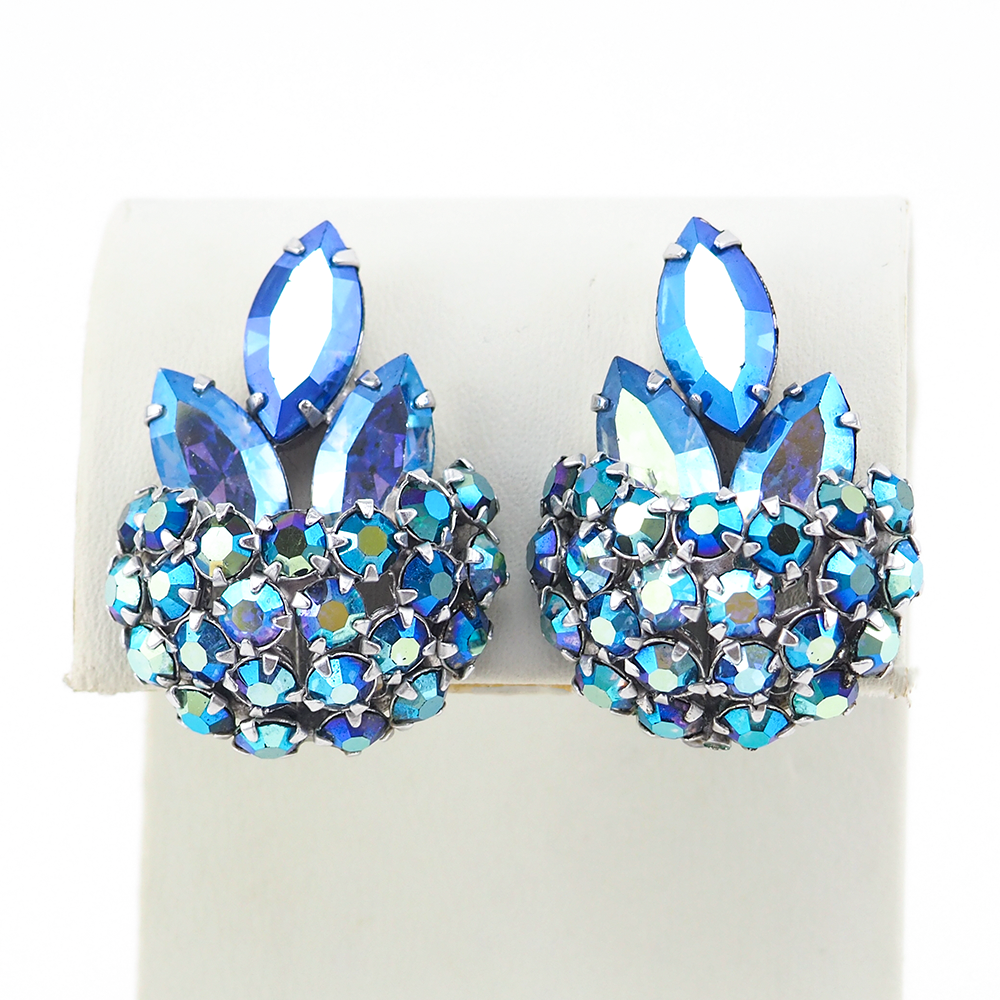 Sherman Blue Rhinestone Clip On Earrings