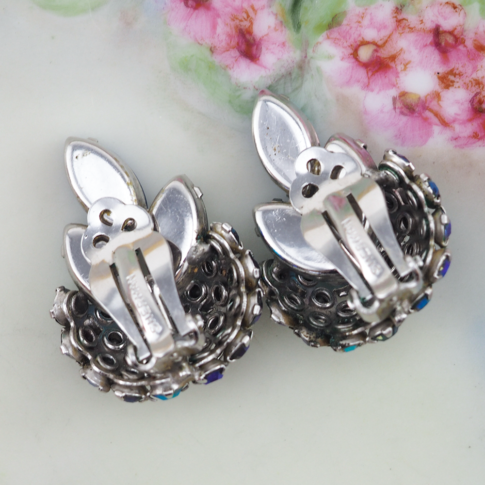 Sherman Blue Rhinestone Clip On Earrings