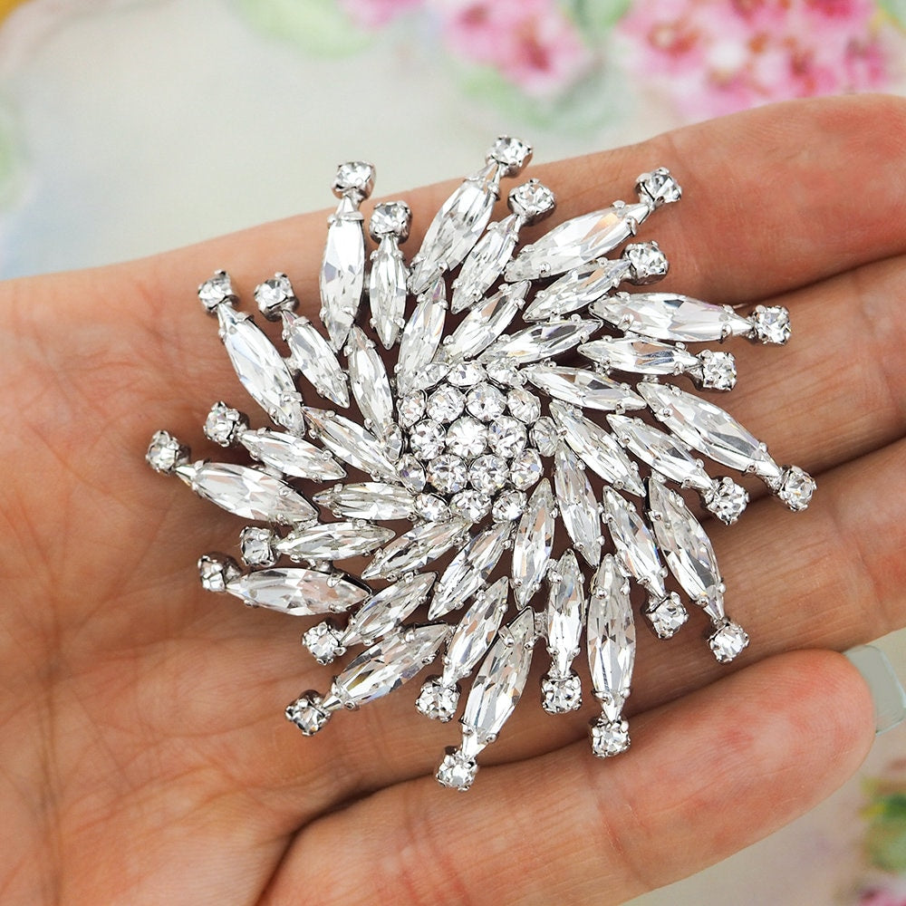 Sherman Brooch, Vintage Brooch, Clear Crystal Brooch, Flower Brooch, Gustave Sherman, Rhinestone Brooch, Silver Tone Brooch, 1960s Brooch