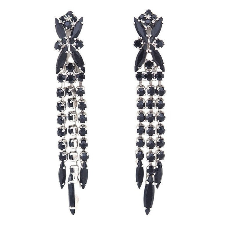 Vintage Rhinestone Earrings, Black Rhinestone Earrings, Long Drop Earrings, Continental Earrings, Continental Jewelry, Clip On earrings