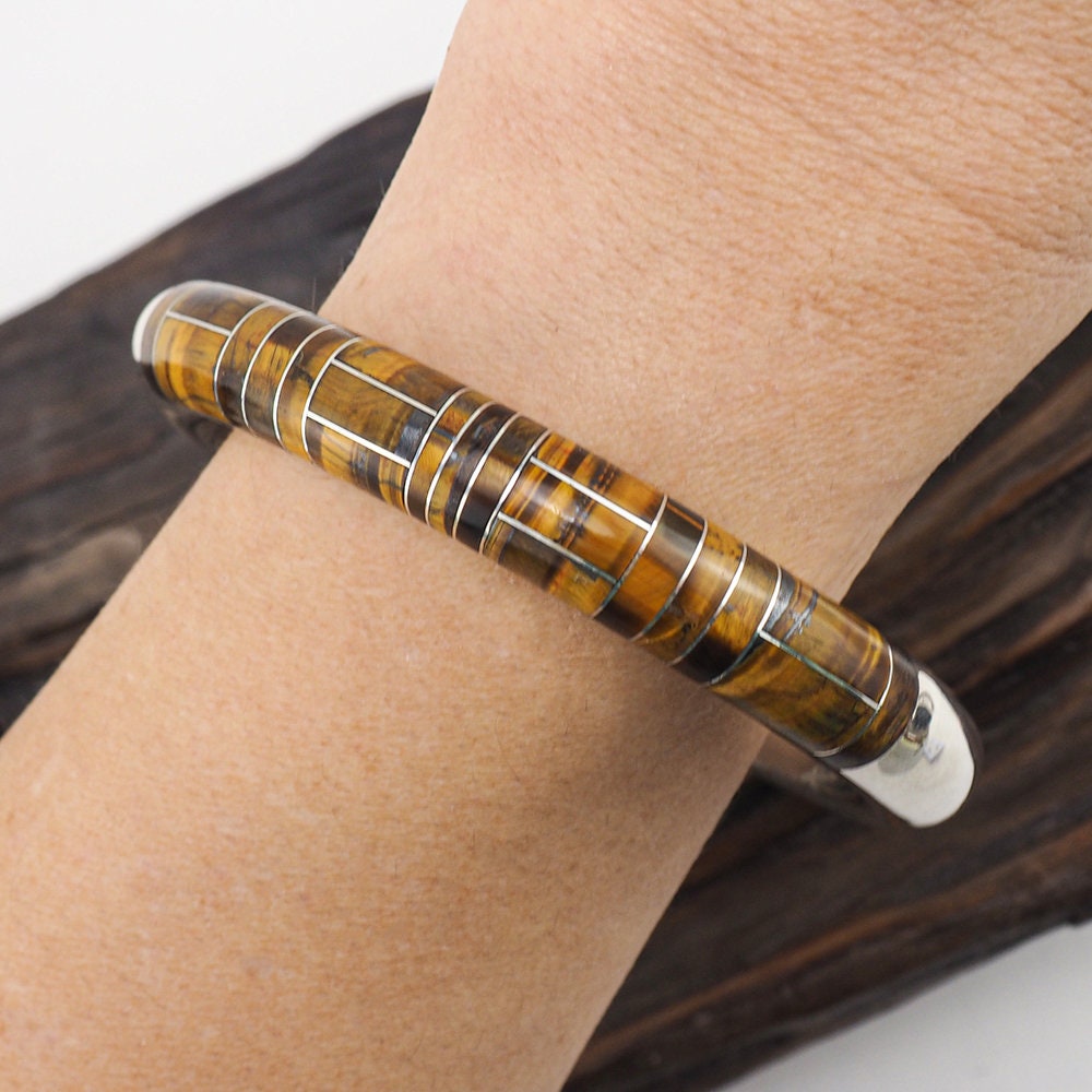 Mexican Bracelet, Tiger Eye Inlay, Mexico Silver Jewelry, Vintage Bracelet, Mexico 925, Silver Inlay, Bangle Bracelet, Silver Bangle