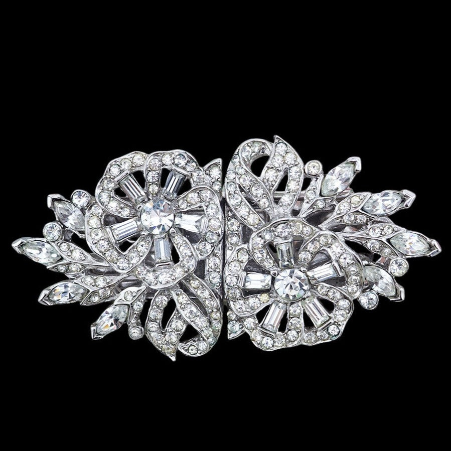 Rhinestone Duette, Dress Clip, Flower Brooch, Vintage Rhinestone Brooch, 1950s Dress Clip, Dress Clip Duette, Crystal Brooch, Vintage Clips