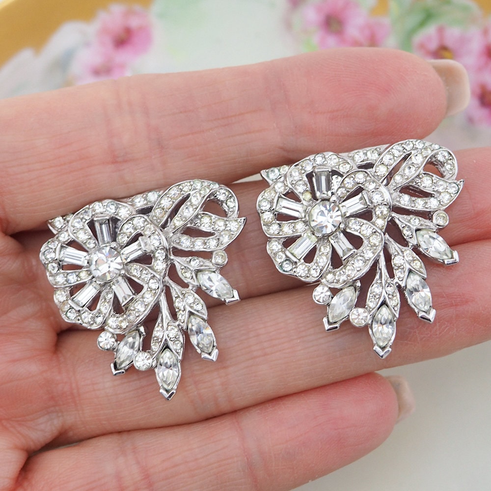 Rhinestone Duette, Dress Clip, Flower Brooch, Vintage Rhinestone Brooch, 1950s Dress Clip, Dress Clip Duette, Crystal Brooch, Vintage Clips