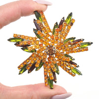 Hobe Brooch, Rhinestone Brooch, Vintage Brooch, Star Brooch, Flower Brooch, Hobe Jewelry, Hobe 1965, Gold Tone Brooch, Orange and Green