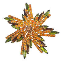 Hobe Brooch, Rhinestone Brooch, Vintage Brooch, Star Brooch, Flower Brooch, Hobe Jewelry, Hobe 1965, Gold Tone Brooch, Orange and Green