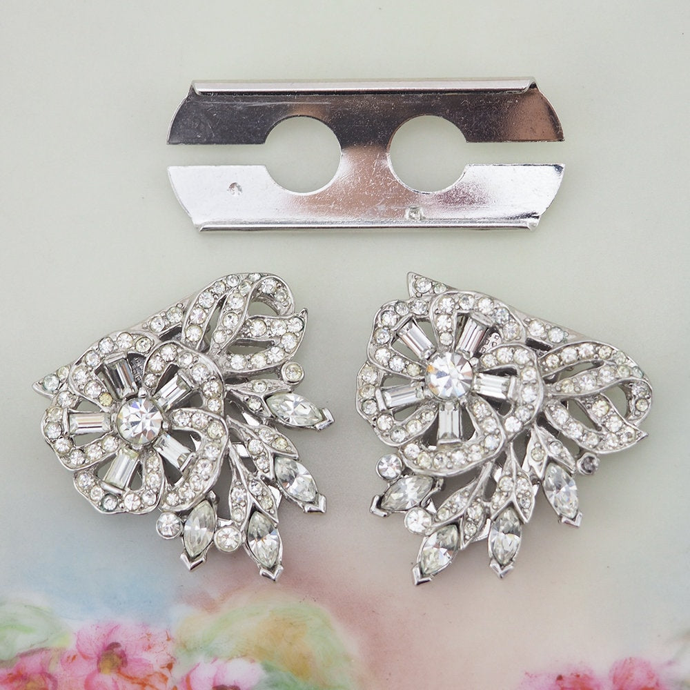 Rhinestone Duette, Dress Clip, Flower Brooch, Vintage Rhinestone Brooch, 1950s Dress Clip, Dress Clip Duette, Crystal Brooch, Vintage Clips
