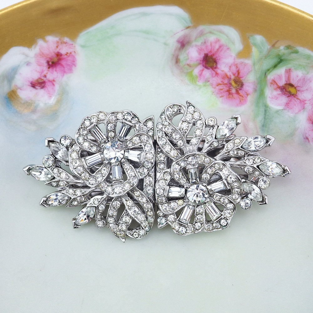Rhinestone Duette, Dress Clip, Flower Brooch, Vintage Rhinestone Brooch, 1950s Dress Clip, Dress Clip Duette, Crystal Brooch, Vintage Clips