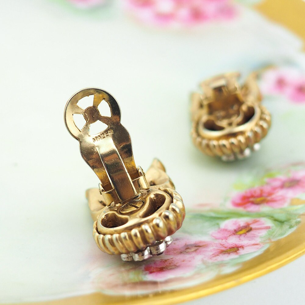 Mazer Earrings, Flower Earrings, Rhinestone Earrings, Vintage Earrings, Clip On Earrings, Mazer Jewelry, Gold Tone Earrings, Joseph Mazer
