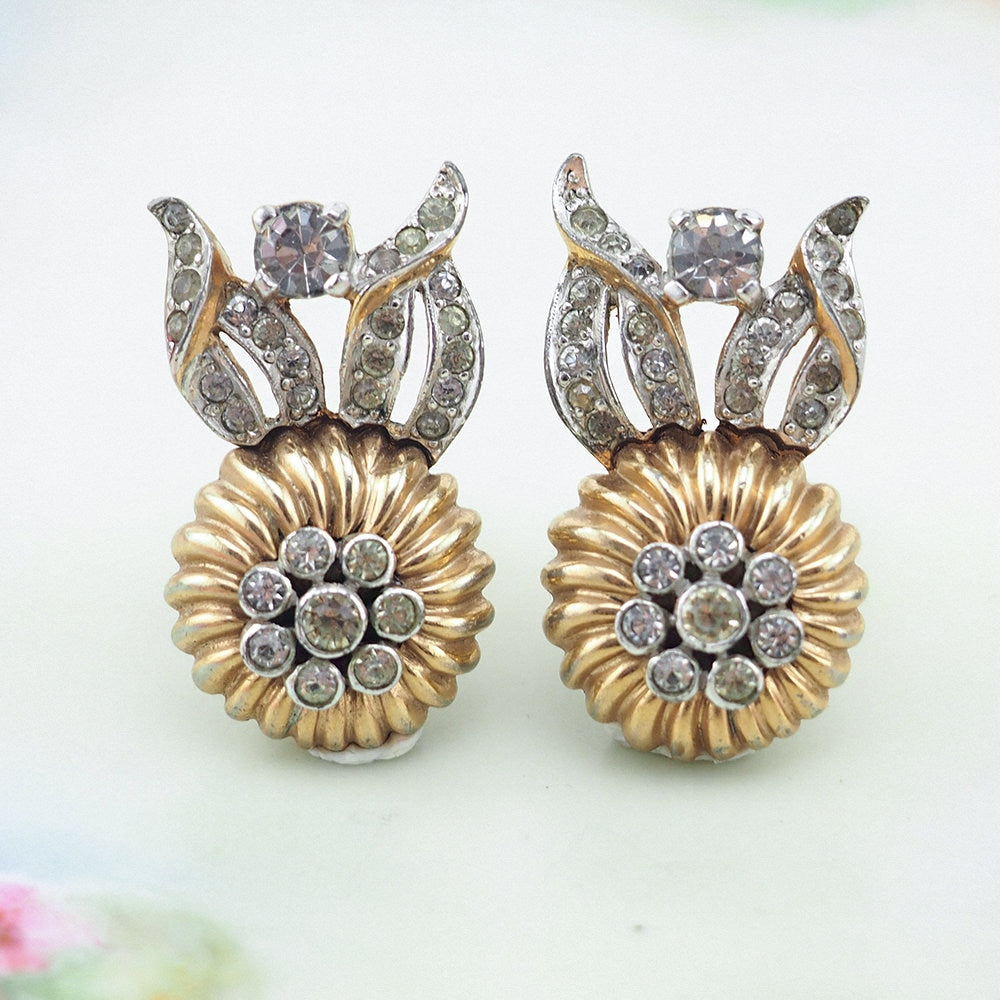 Mazer Earrings, Flower Earrings, Rhinestone Earrings, Vintage Earrings, Clip On Earrings, Mazer Jewelry, Gold Tone Earrings, Joseph Mazer