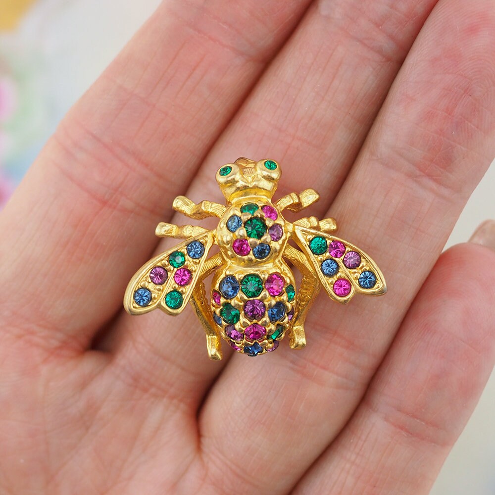 Joan Rivers Bee Brooch, Joan Rivers Pin, Multicolored Brooch, Designer Brooch, Gold Tone Brooch, Insect Brooch, Figural Brooch, Sparkle