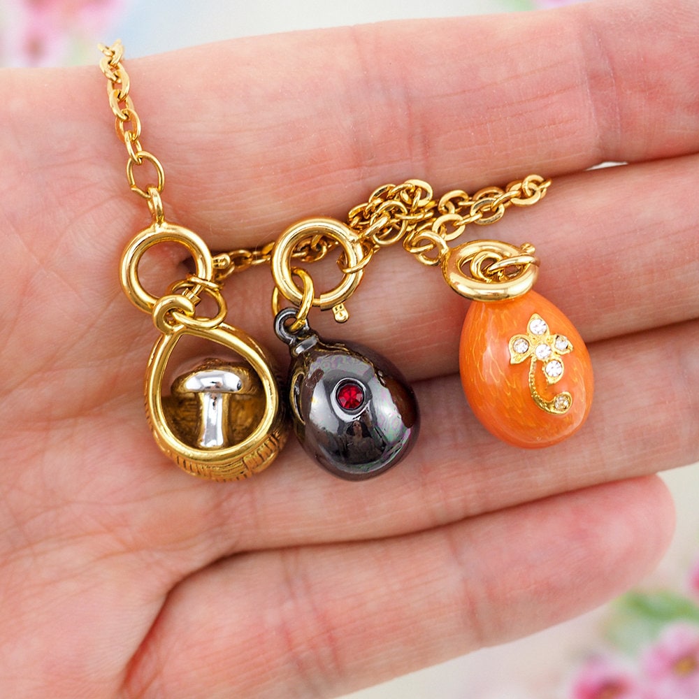 Joan Rivers Charms, Joan Rivers Egg, Charm Extension, Set of 3, Faberge Egg, Egg Necklace, Mushroom Basket, Rhinestone Egg Charm, Enamel Egg