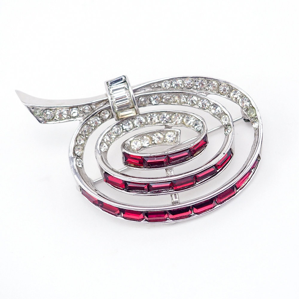 Boucher Brooch, Vintage Brooch, Rhinestone Brooch, Baguette Brooch, Boucher Red Brooch, Vintage Rhinestone Brooch, Swirl Brooch, 1960s Pin