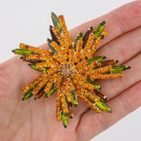 Hobe Brooch, Rhinestone Brooch, Vintage Brooch, Star Brooch, Flower Brooch, Hobe Jewelry, Hobe 1965, Gold Tone Brooch, Orange and Green