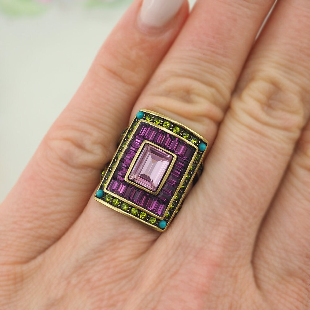 Heidi Daus Ring, Purple Ring, Baguette Stones, Cocktail Ring, Statement Ring, Rhinestone Ring, Crystal Ring, Vintage Style Ring, Small Size
