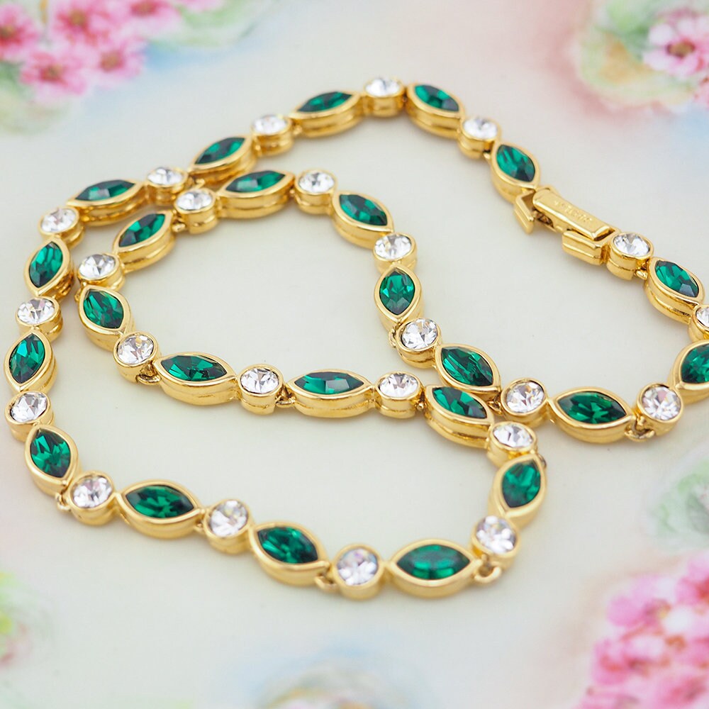 D'Orlan Necklace, Emerald Crystal Necklace, Rhinestone Necklace, Gold Plated Necklace, Vintage Necklace, Marquise Necklace, D'Orlan Jewelry