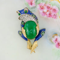 Jomaz Frog Brooch, Vintage Jomaz Brooch, Treefrog Brooch, Rhinestone Brooch, Joseph Mazer, Flawed Emerald, Enamel Brooch, Figural Brooch