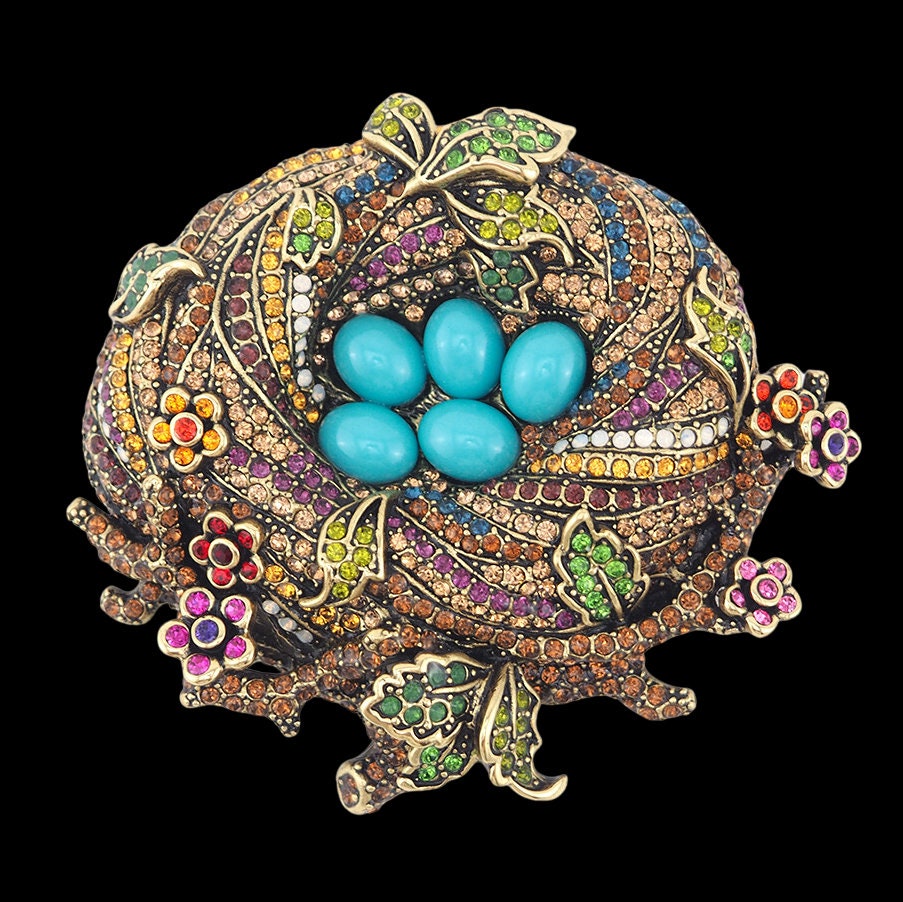 Heidi Daus Brooch, "On a Lark", Bird Nest Brooch, Rhinestone Pin, Statement Brooch, Multicolor Brooch, Rhinestone Brooch, Bird Brooch