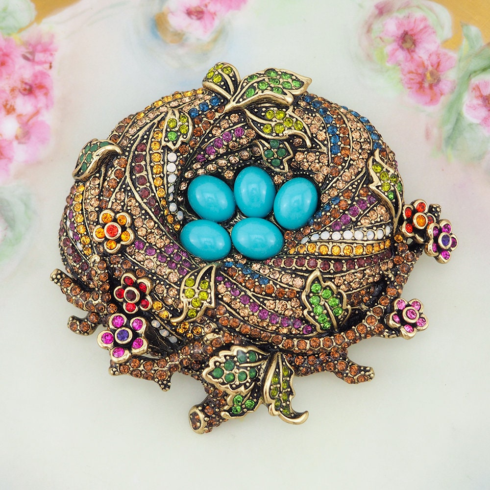 Heidi Daus Brooch, "On a Lark", Bird Nest Brooch, Rhinestone Pin, Statement Brooch, Multicolor Brooch, Rhinestone Brooch, Bird Brooch