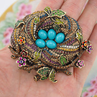 Heidi Daus Brooch, "On a Lark", Bird Nest Brooch, Rhinestone Pin, Statement Brooch, Multicolor Brooch, Rhinestone Brooch, Bird Brooch