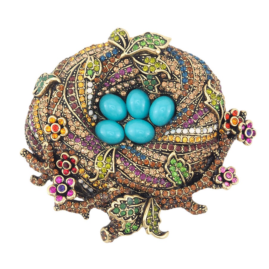 Heidi Daus Brooch, "On a Lark", Bird Nest Brooch, Rhinestone Pin, Statement Brooch, Multicolor Brooch, Rhinestone Brooch, Bird Brooch
