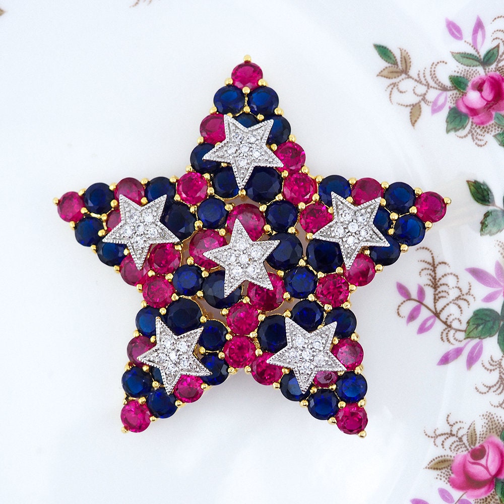 Joan Rivers Brooch, Star Brooch, Red White Blue Brooch, Rhinestone Brooch, Crystal Star Pin, Gold Tone Brooch, Multicolor Brooch