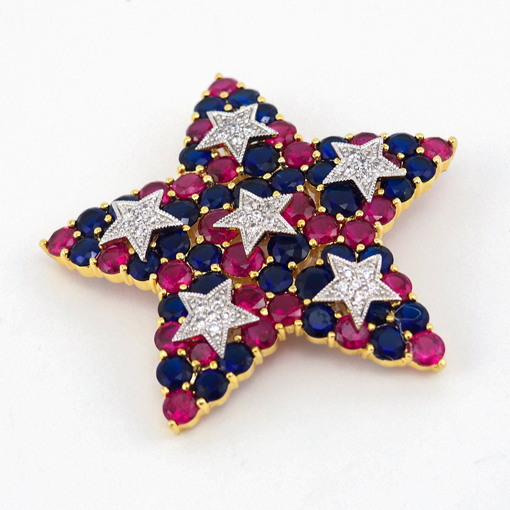 Joan Rivers Brooch, Star Brooch, Red White Blue Brooch, Rhinestone Brooch, Crystal Star Pin, Gold Tone Brooch, Multicolor Brooch