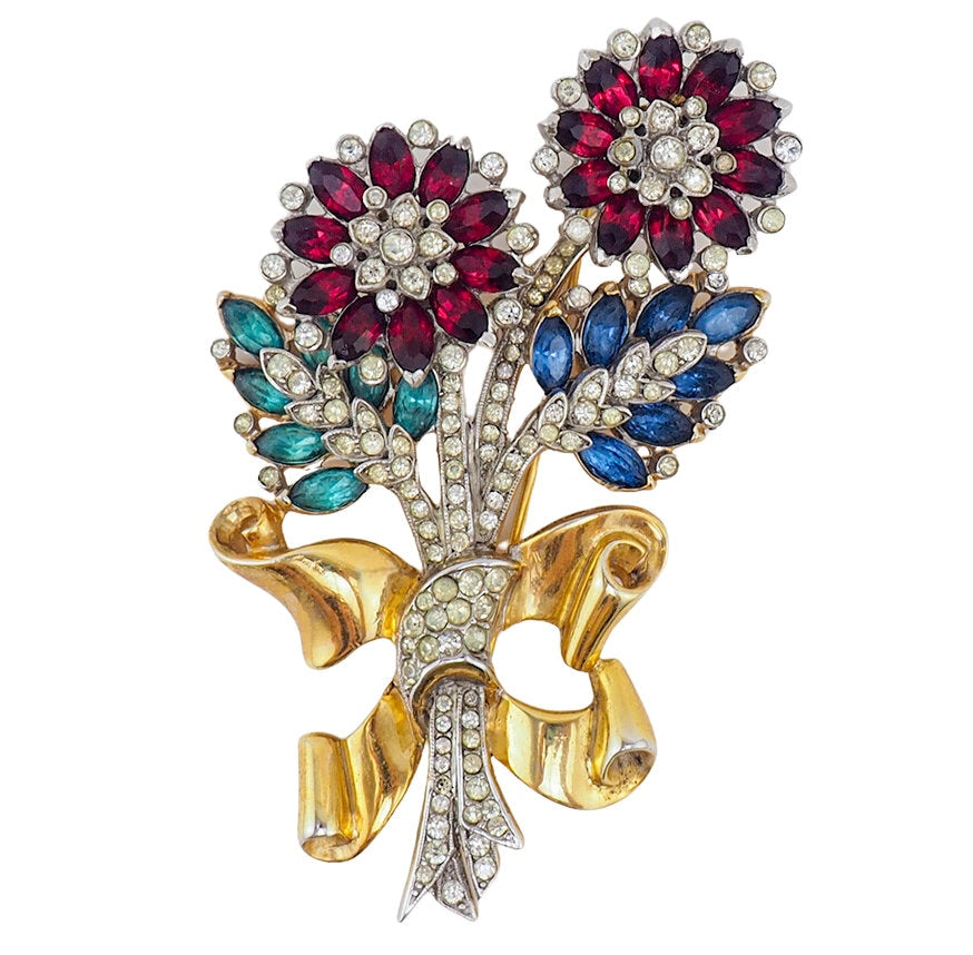 Coro Brooch, 1940s Brooch, Coro Bouquet Brooch, Coro Rhinestone Brooch, Vintage Coro Jewelry, Coro Vintage, 1940s Coro, Red White Blue