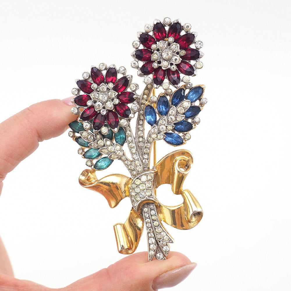 Coro Brooch, 1940s Brooch, Coro Bouquet Brooch, Coro Rhinestone Brooch, Vintage Coro Jewelry, Coro Vintage, 1940s Coro, Red White Blue