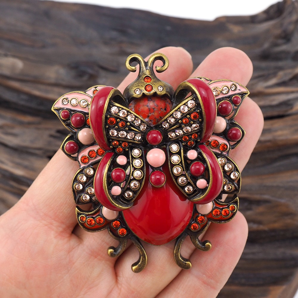 Joan Rivers Brooch, Red Bug Brooch, Fantasy Bug Brooch, Figural Brooch, Designer Brooch, Joan Rivers Jewelry, Joan Rivers Pin, Rhinestone