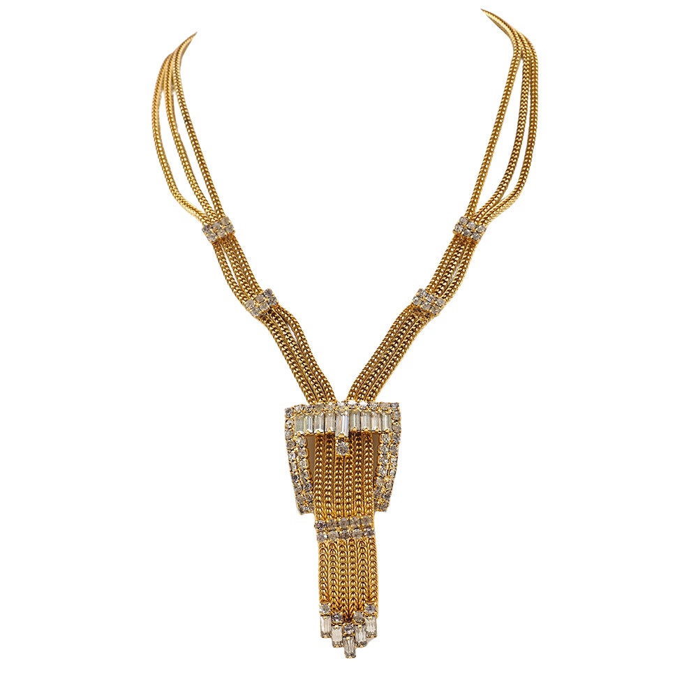 Hobe Necklace, Buckle Necklace, Vintage Necklace, Hobe Jewelry, Rhinestone Necklace, Sautoir Necklace, Gold Tone Necklace, Chain Necklace