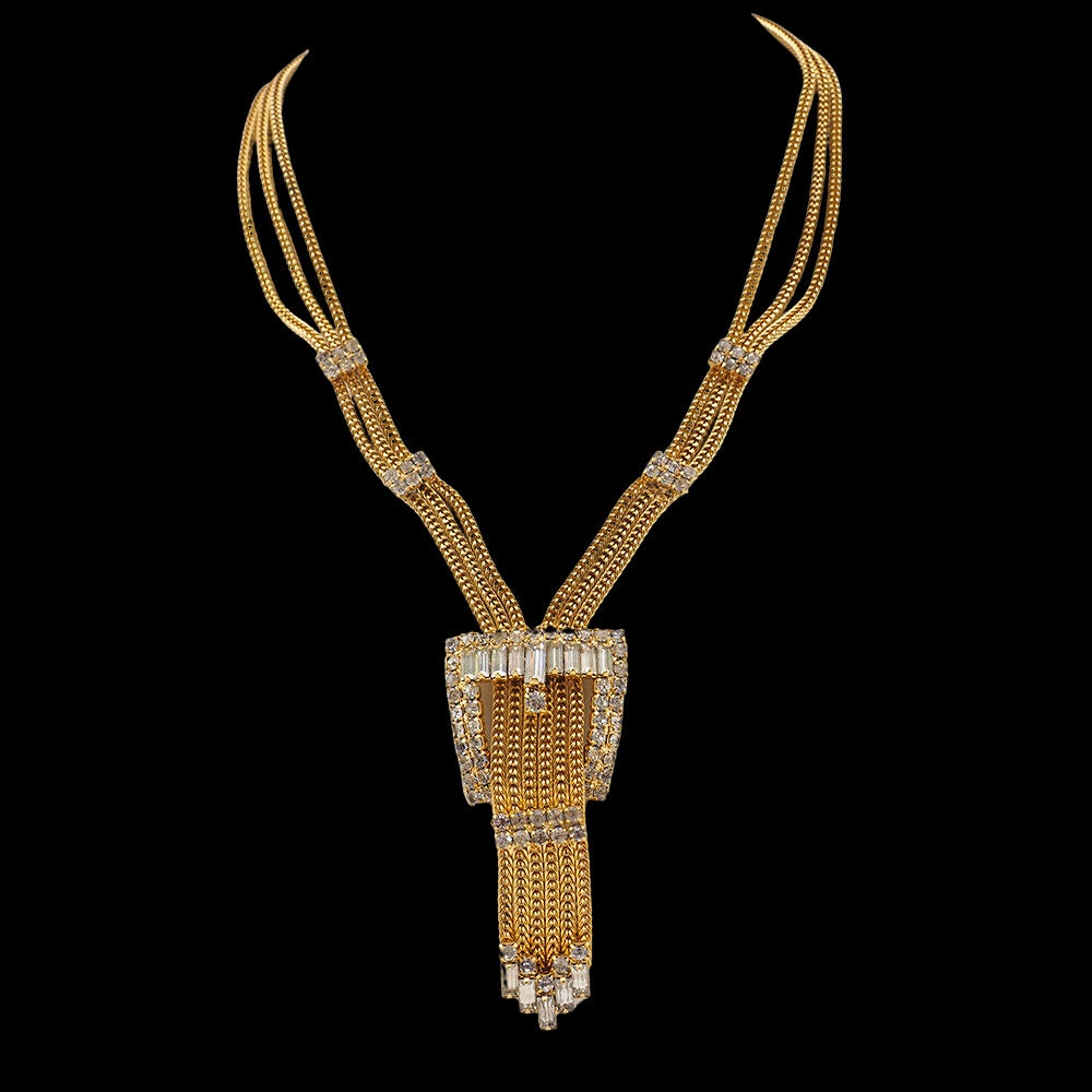 Hobe Necklace, Buckle Necklace, Vintage Necklace, Hobe Jewelry, Rhinestone Necklace, Sautoir Necklace, Gold Tone Necklace, Chain Necklace