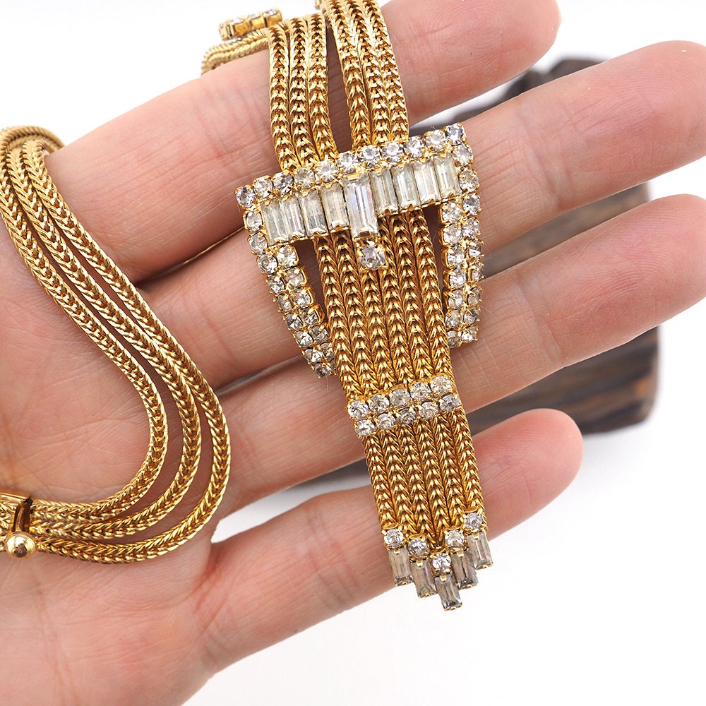 Hobe Necklace, Buckle Necklace, Vintage Necklace, Hobe Jewelry, Rhinestone Necklace, Sautoir Necklace, Gold Tone Necklace, Chain Necklace