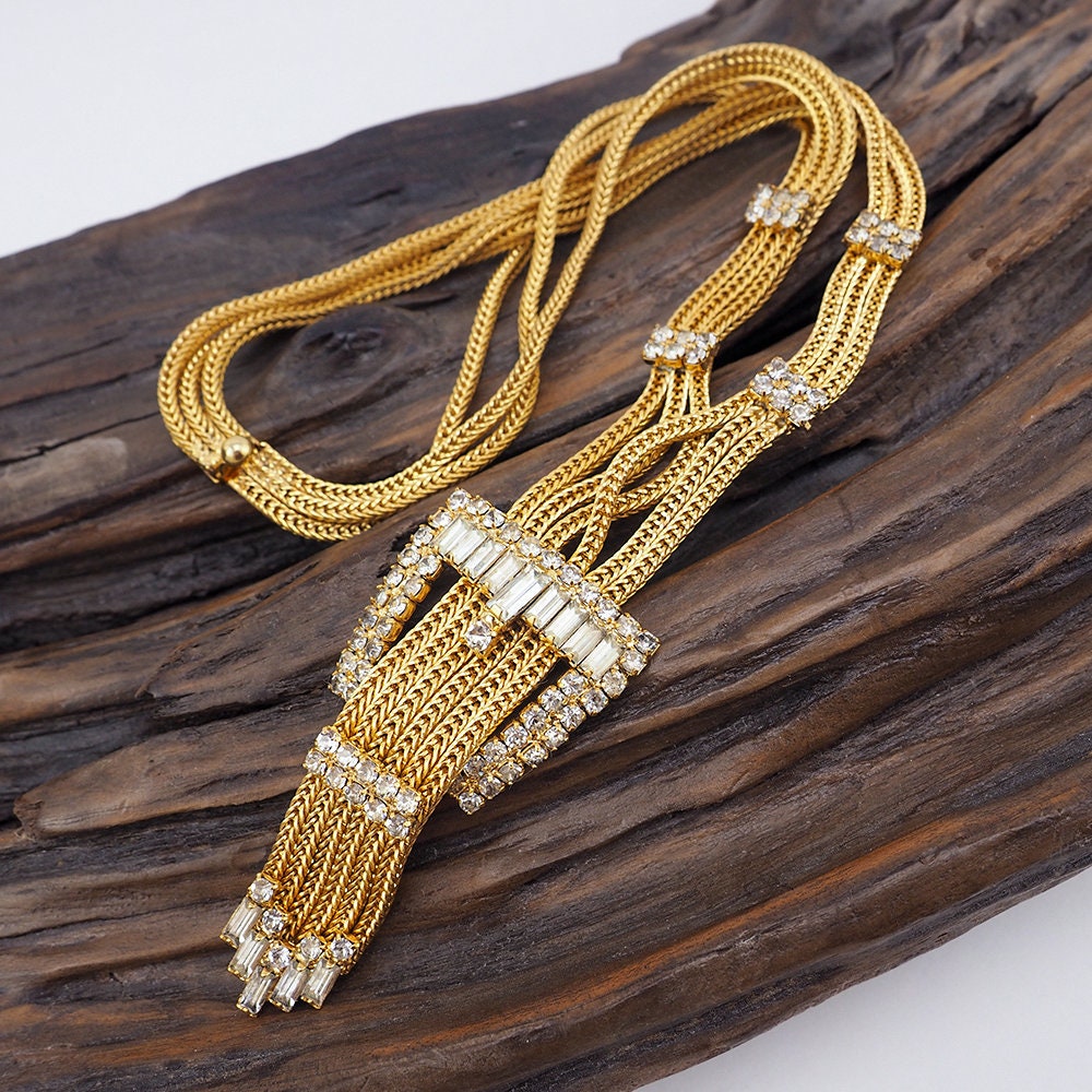 Hobe Necklace, Buckle Necklace, Vintage Necklace, Hobe Jewelry, Rhinestone Necklace, Sautoir Necklace, Gold Tone Necklace, Chain Necklace