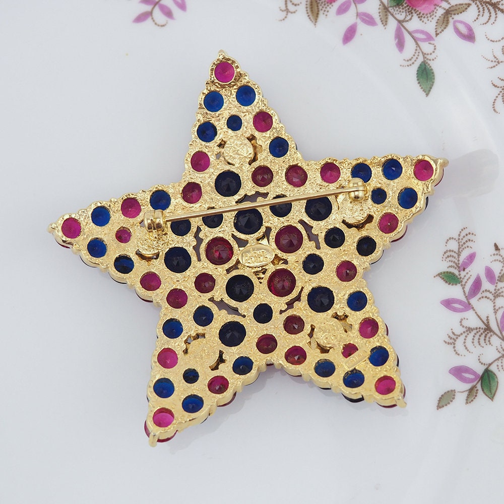 Joan Rivers Brooch, Star Brooch, Red White Blue Brooch, Rhinestone Brooch, Crystal Star Pin, Gold Tone Brooch, Multicolor Brooch