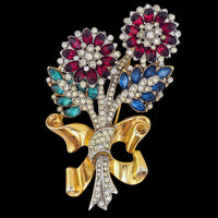 Coro Brooch, 1940s Brooch, Coro Bouquet Brooch, Coro Rhinestone Brooch, Vintage Coro Jewelry, Coro Vintage, 1940s Coro, Red White Blue