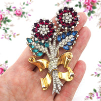 Coro Brooch, 1940s Brooch, Coro Bouquet Brooch, Coro Rhinestone Brooch, Vintage Coro Jewelry, Coro Vintage, 1940s Coro, Red White Blue