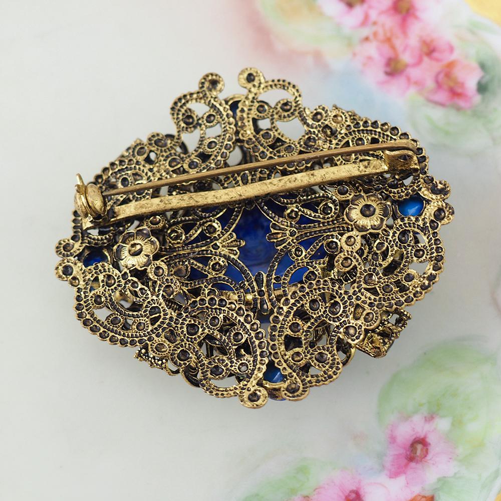 Vintage Filigree Brooch, Czech Brooch, Art Glass Brooch, Faux Lapis Lazuli, Vintage Brooch, Glass Pearl Brooch, Czech Filigree Brooch, Blue