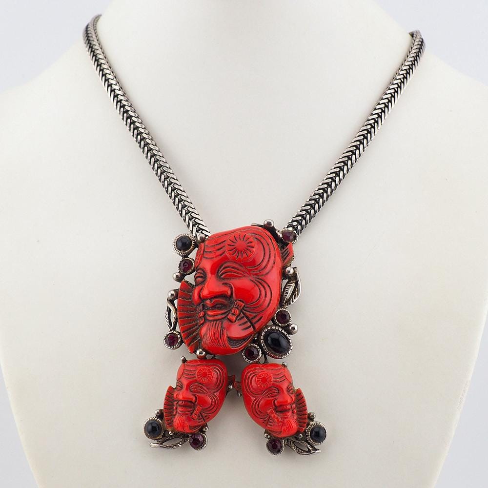 Selro Red Noh Okina Set, Necklace Earring Set, Selro Necklace, Vintage Necklace Set, Selro Noh Mask, Clip Earrings, Slide Necklace, Selro