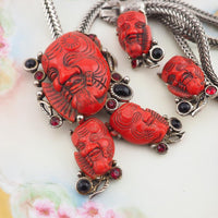 Selro Red Noh Okina Set, Necklace Earring Set, Selro Necklace, Vintage Necklace Set, Selro Noh Mask, Clip Earrings, Slide Necklace, Selro