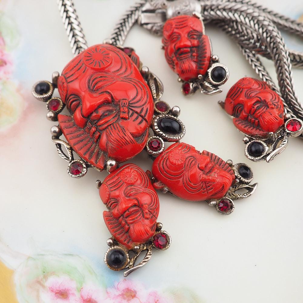 Selro Red Noh Okina Set, Necklace Earring Set, Selro Necklace, Vintage Necklace Set, Selro Noh Mask, Clip Earrings, Slide Necklace, Selro