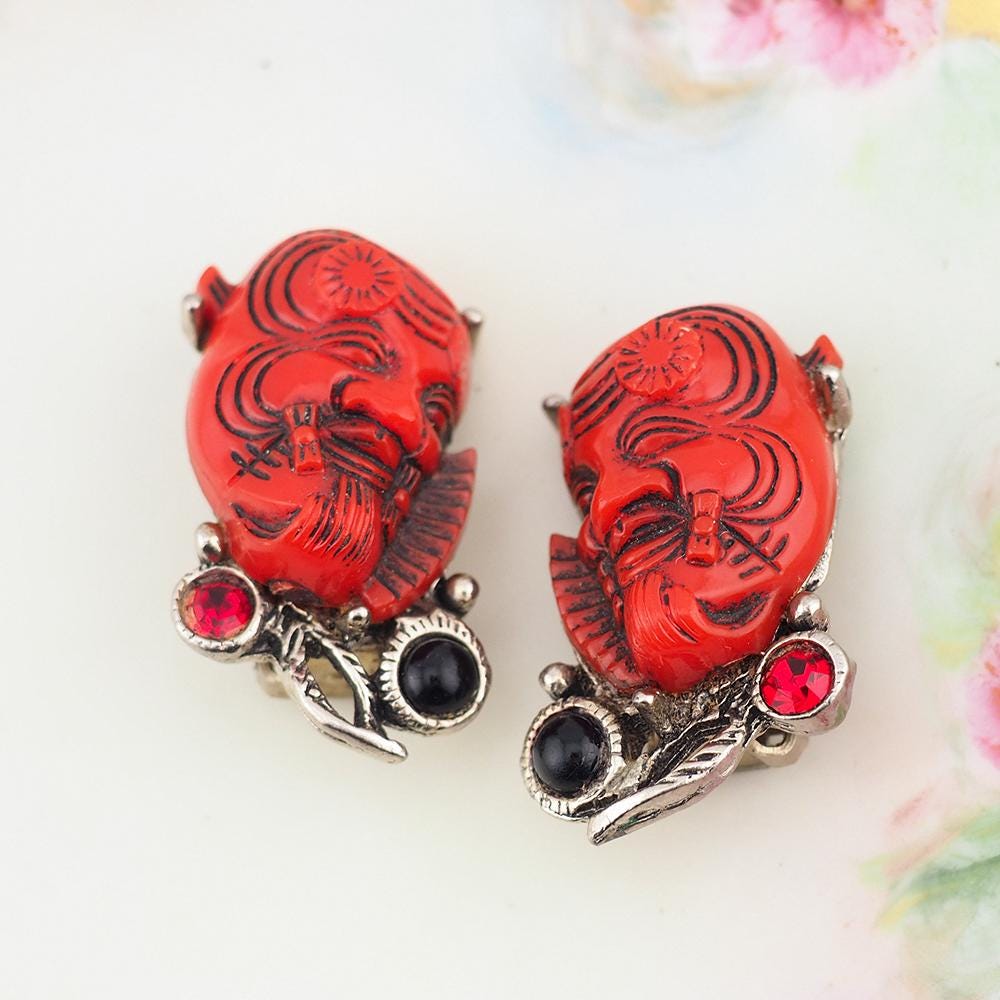 Selro Red Noh Okina Set, Necklace Earring Set, Selro Necklace, Vintage Necklace Set, Selro Noh Mask, Clip Earrings, Slide Necklace, Selro