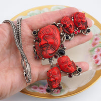 Selro Red Noh Okina Set, Necklace Earring Set, Selro Necklace, Vintage Necklace Set, Selro Noh Mask, Clip Earrings, Slide Necklace, Selro