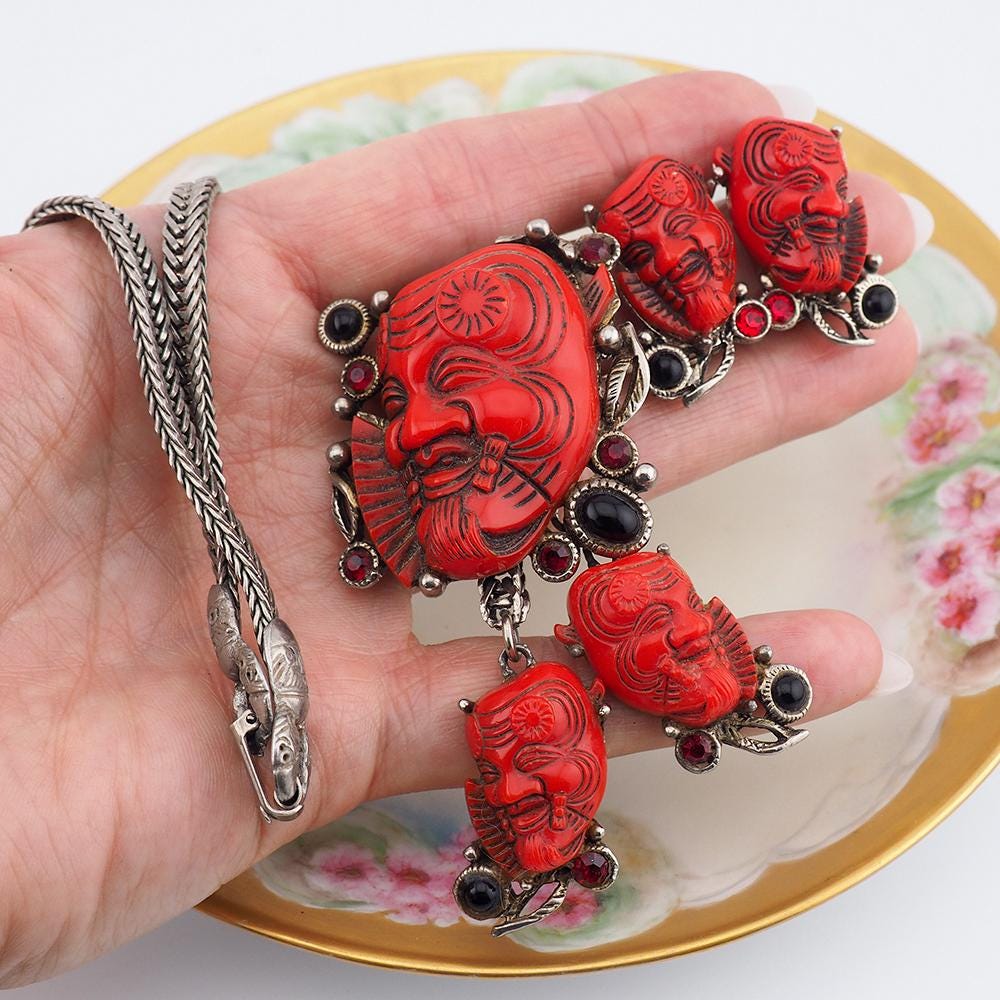 Selro Red Noh Okina Set, Necklace Earring Set, Selro Necklace, Vintage Necklace Set, Selro Noh Mask, Clip Earrings, Slide Necklace, Selro