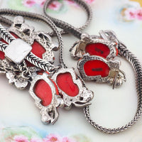 Selro Red Noh Okina Set, Necklace Earring Set, Selro Necklace, Vintage Necklace Set, Selro Noh Mask, Clip Earrings, Slide Necklace, Selro