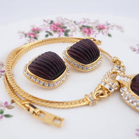 Oscar De La Renta, Necklace Earring Set, Vintage Necklace Set, Ribbed Glass, Designer Jewelry, ODLR, Gold Tone Jewelry, Luxury Jewelry