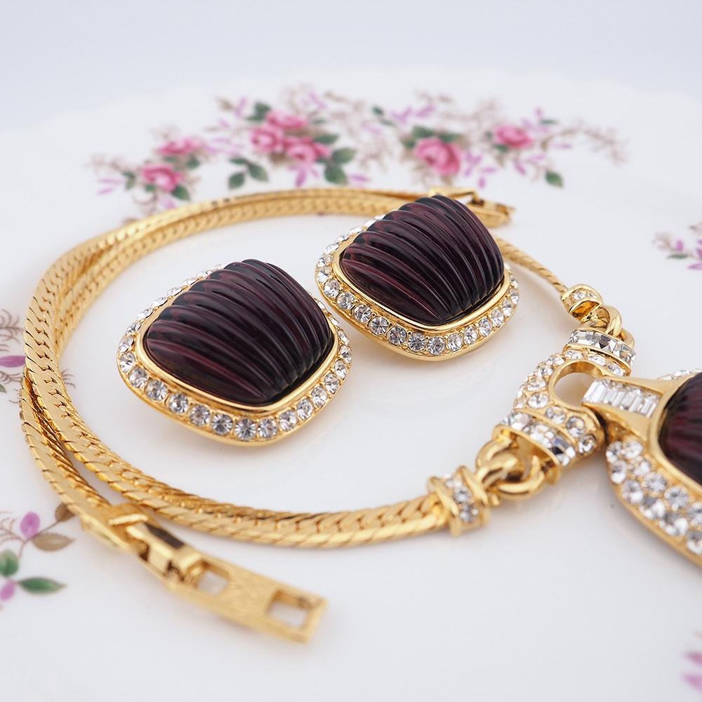 Oscar De La Renta, Necklace Earring Set, Vintage Necklace Set, Ribbed Glass, Designer Jewelry, ODLR, Gold Tone Jewelry, Luxury Jewelry