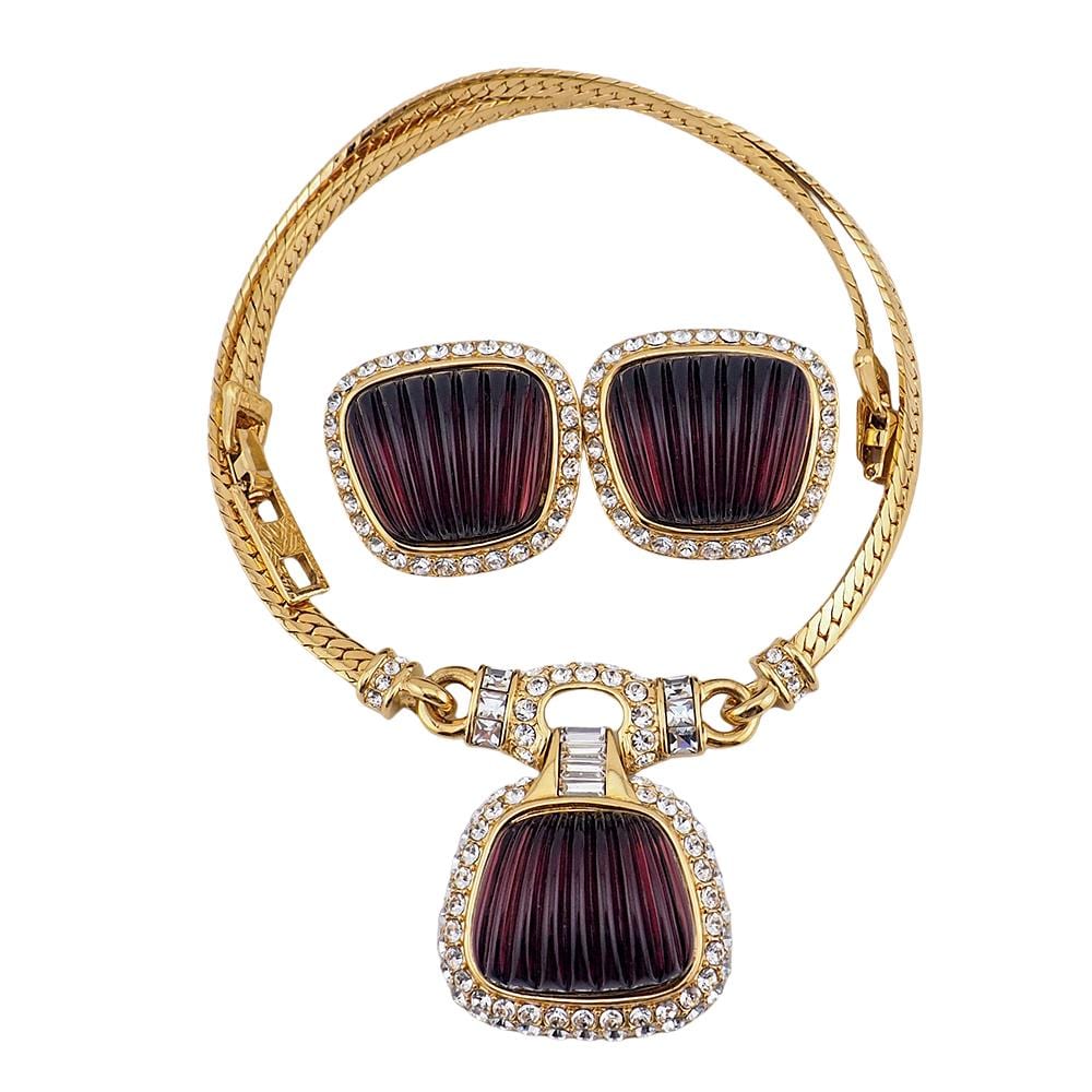 Oscar De La Renta, Necklace Earring Set, Vintage Necklace Set, Ribbed Glass, Designer Jewelry, ODLR, Gold Tone Jewelry, Luxury Jewelry