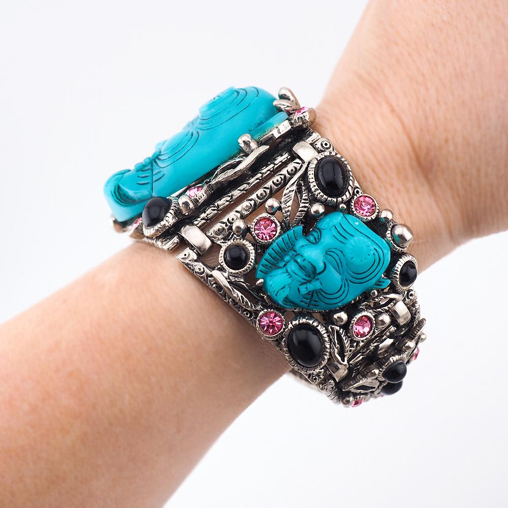 Selro Blue Noh Okina Bracelet, Vintage Bracelet, Selro Bracelet, Selro Noh Mask, Japanese Noh, Noh Mask Bracelet, Theatrical Jewelry, Selro