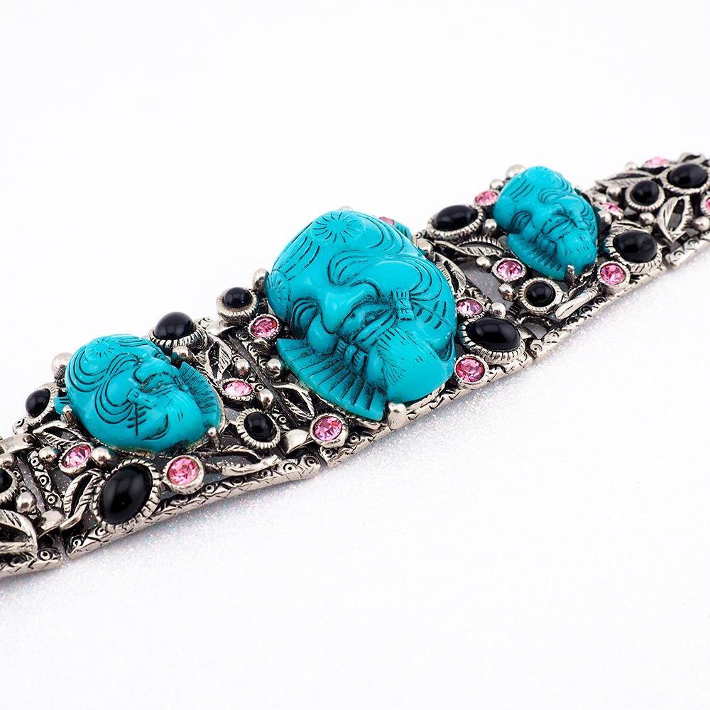 Selro Blue Noh Okina Bracelet, Vintage Bracelet, Selro Bracelet, Selro Noh Mask, Japanese Noh, Noh Mask Bracelet, Theatrical Jewelry, Selro