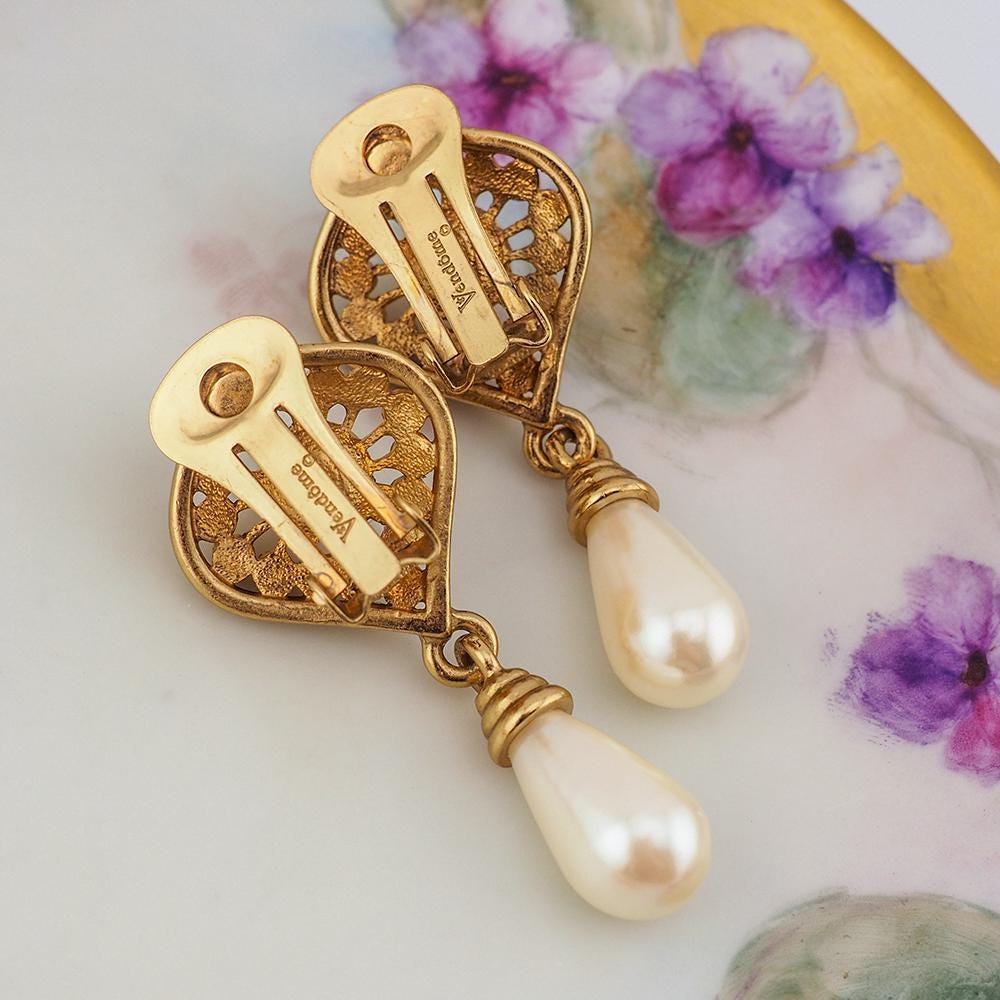 Vendome Pearl Drop Earrings, Vintage Earrings, Vendome Earrings, Bridal Earrings, Pearl Drop Earrings, Clip On Earrings, Gold Tone Earrings